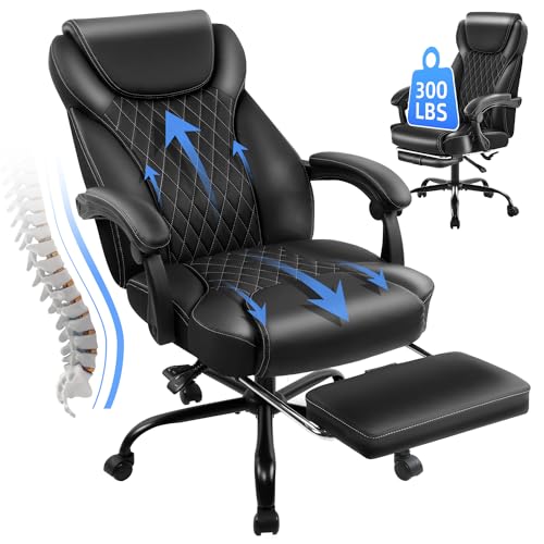 Amseatec Big & Tall Office Chair with Footrest, Lumbar Support, Black, 300Lbs Capacity