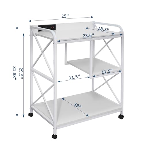 White Printer Stand, Printer Table with Storage Shelf for Home Office, 23 x 18 Inch Large Home Printer Stand with Power Outlet USB Port, Printer Cart, PC Tower Stand, White