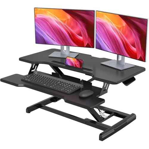Standing Desk Converter 32 inch, Height Adjustable Sit Stand Desk Riser, Quick Sit to Stand Tabletop Dual Monitor Riser Workstation for Home Office with Keyboard Tray, Black