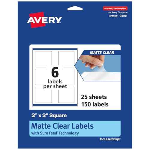 Avery Matte Clear Square Labels, Sure Feed Technology, 3" x 3", 150 Matte Clear Labels, Print-to-The-Edge, Laser/Inkjet Printable