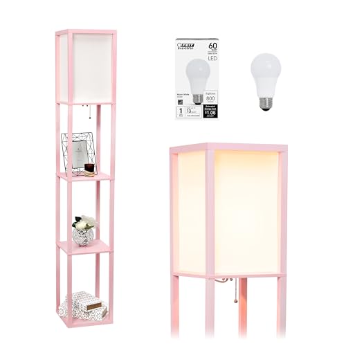 Simple Designs LF1014-LPK-LB Three Shelf Etagere Organizer Storage Floor Lamp with White Linen Shade for Living Room, Bedroom, Office, Hallway, Light Pink, with Feit LED Bulb Included
