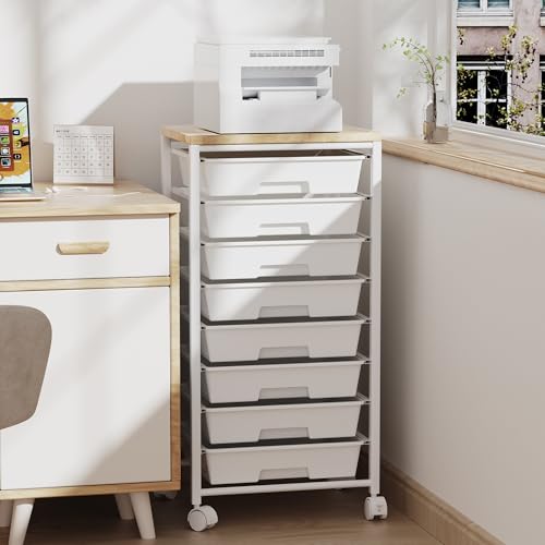 Neatevday White Rolling Cart with 8 Drawers, Wooden Top & Lockable Wheels