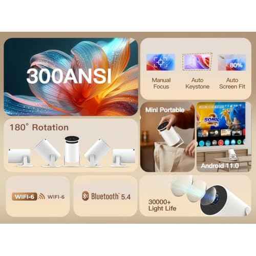 [Built-in Apps & 2025 Upgraded] Mini Projector with Wi-Fi 6 & Bluetooth 5.4, 1080P 4K Support Full HD, Auto Keystone 360¡Æ Portable Home Cinema Smart Projector for iOS/Android OptiBarrel 500