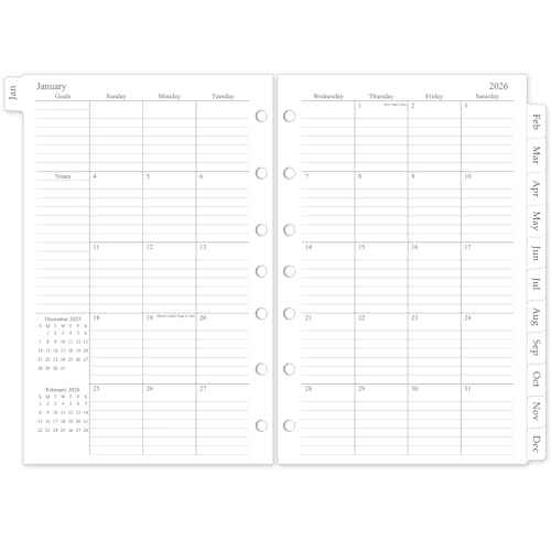 2026 Monthly Planner Refill, A5 Medium Size Planner Inserts for 7 Ring, 5.5" x 8.5", Jan. 2026 - Dec. 2026, 12 Monthly Calendars with Laminated Tabs, 7-Hole Punched