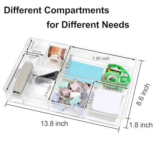 8-Section Clear Drawer Organizer, Large Acrylic Drawer Divider Tray for Desk,Bathroom,Office Makeup,Junk, Plastic Drawers Organizer 13.7" x 8.7" x 2" (8-Section)