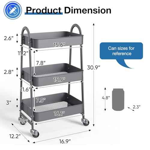 OLIXIS 3 Tier Utility Rolling Cart with Lockable Caster Wheels, Metal Mobile Storage Shelf, Organization for Livingroom, Bathroom, Kitchen, & Narrow Places, Light Grey