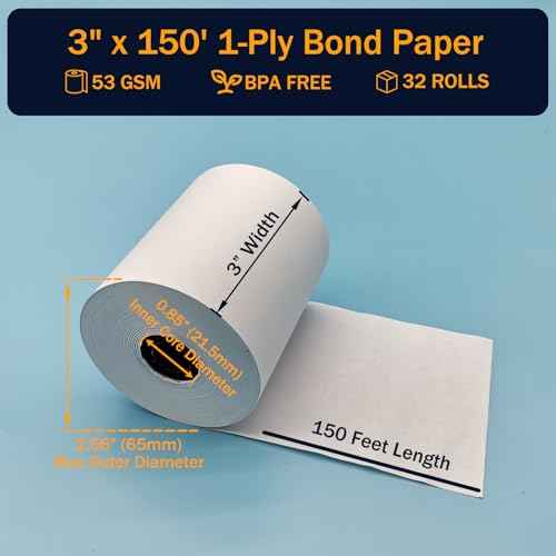 (32 Rolls) 3" x 150' 1-Ply Kitchen Printer Bond Receipt Paper Rolls, POS Cash Register Paper Rolls for Star SP700 ERC30/34/38 TMU200 SRP275