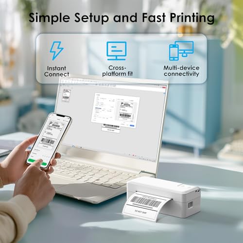 Shipping Thermal Label Printer, 4x6 Portable Label Printer, Bluetooth Label Maker for Small Business, Support iPhone,Android,Windows,Mac,Chromebook,Works with USPS, Ebay,Shopify&More, White