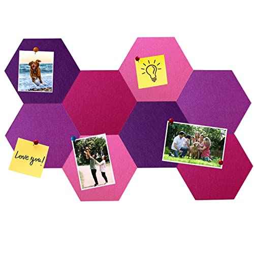 8Pcs Hexagon Felt Cork Board Tiles, Self Adhesive DIY Bulletin Board Pin Board for Office School Home Wall Decor Stickers Memos Photos Display (Gradual Purple)