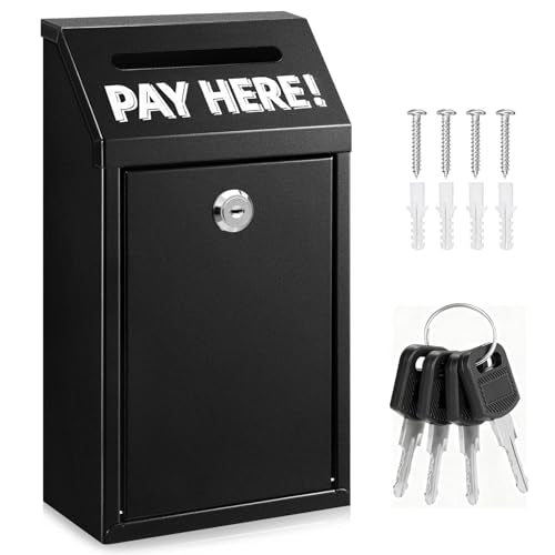 Hualleko Black Metal Donation Box with Lock & Slot - Wall Mount Secure Cash Container