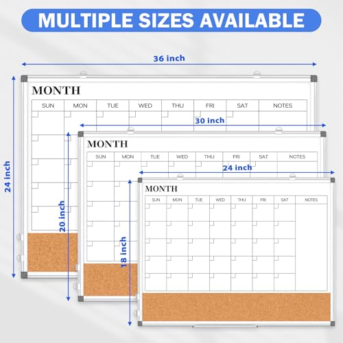 Monthly Calendar Whiteboard Dry Erase Cork Board Combo for Wall, 24" x 18" Double-Sided Calendar White Board and Bulletin Board, Portable Board for Office, Kitchen, School, Home