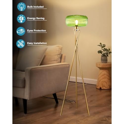 Lightdot Glass Tripod Floor Lamp for Living Room, Modern Gold Standing Lamp with Green Ribbed Glass Lampshade, Arc Tall Lamp for Bedroom Office Reading Room, (LED Bulb Included)
