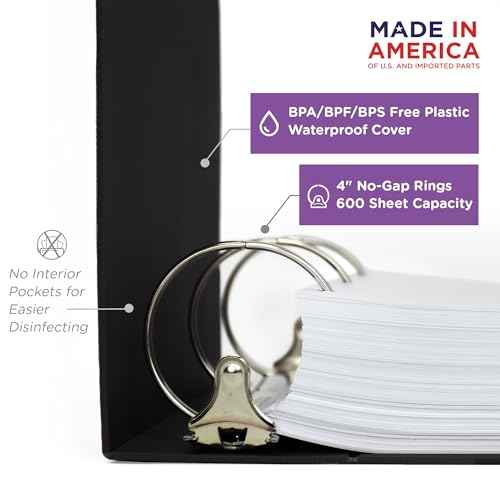 Carstens 4-Inch Heavy Duty 3-Ring Binder - Side Opening, Black, Durable Plastic, Precision No-Gap Rings, Waterproof Cover, No Pockets, Holds 600 US Letter Sheets, BPA-Free, Made in USA (1845-3R)