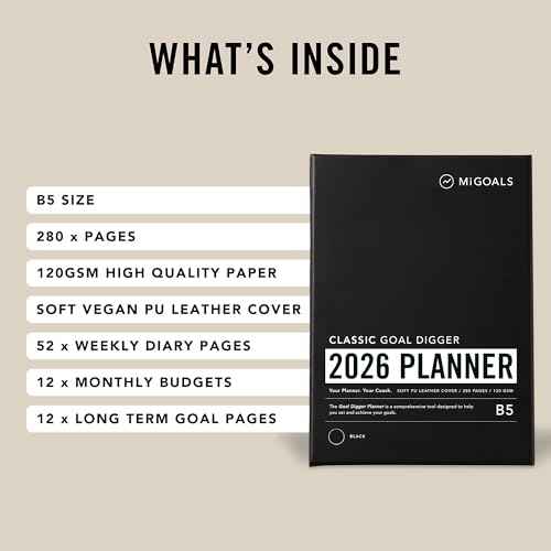 MI GOALS Goal Digger Weekly Planner 2026 | Dated Journal for Gratitude, Progress & Habit Tracking | Weekly Spread Layout, B5 (Black)