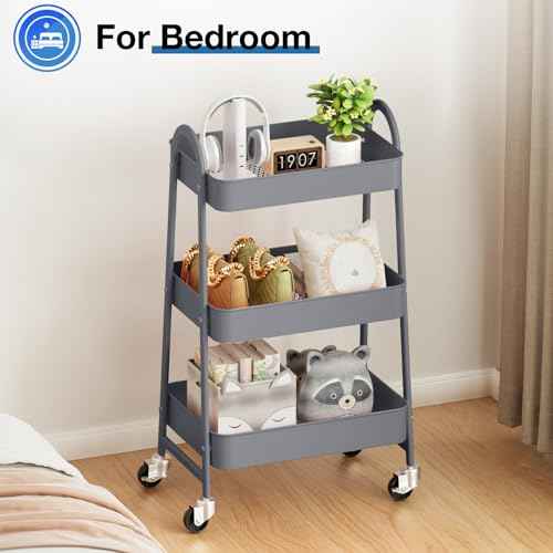 OLIXIS 3 Tier Utility Rolling Cart with Lockable Caster Wheels, Metal Mobile Storage Shelf, Organization for Livingroom, Bathroom, Kitchen, & Narrow Places, Light Grey