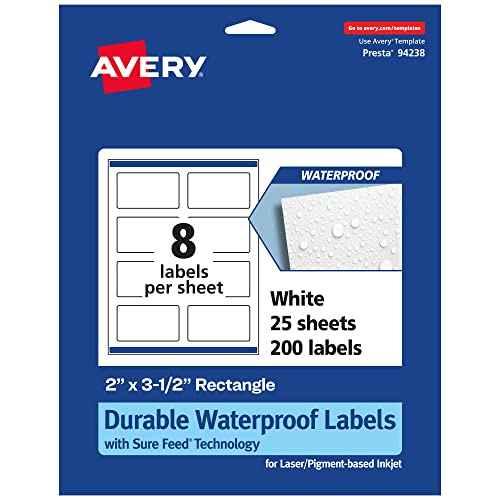 Avery Durable Waterproof Rectangle Labels, Sure Feed Technology, 2" x 3.5", 200 Total, Oil and Tear-Resistant Waterproof Labels, Print-to-The-Edge, Laser/Pigment-Based Inkjet Printable