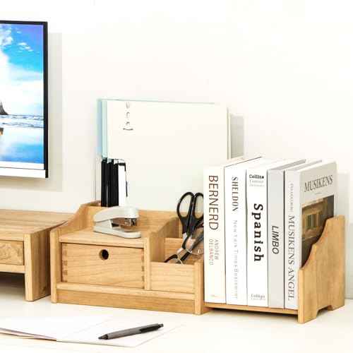 KIRIGEN Desktop Adjustable Organizer Storage Book Shelf with Drawer Wooden Desk Bookcase Workplace Storage Station Expandable Book Rack Fully Assembled SSSJ-S-NA