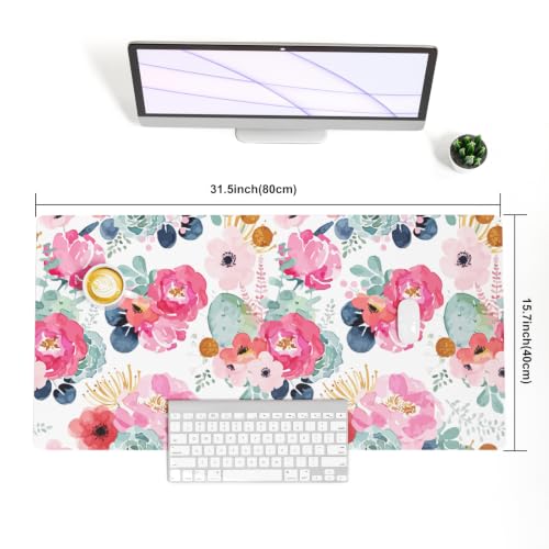 QIYI Watercolor Pink Flowers Large Waterproof Mouse Pad 31.5" x 15.7"
