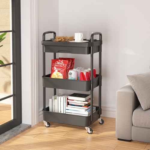 Calmootey 3-Tier Rolling Utility Cart with Drawer,Multifunctional Storage Organizer with Plastic Shelf & Metal Wheels,Storage Cart for Kitchen,Bathroom,Living Room,Office,Black