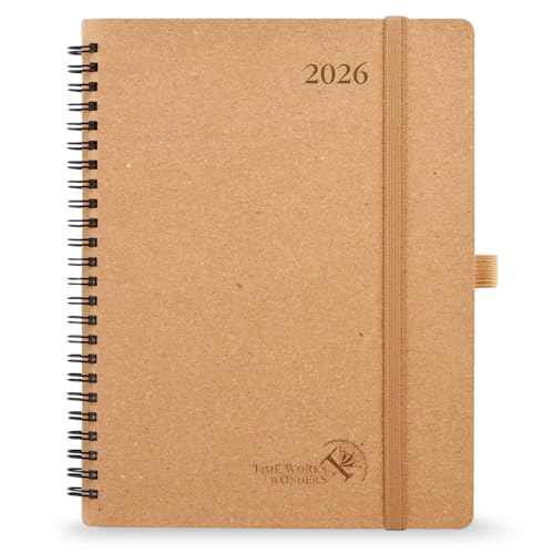 POPRUN 2026 Planner - 2026 Recycled Weekly Planner [Italian Regenrated Leather - Medium Size 6.5'' x 8.5''] - 2026 Weekly Planner with Hourly Schedule, Monthly Tabs-26-WERO7-DST - Desert Brown