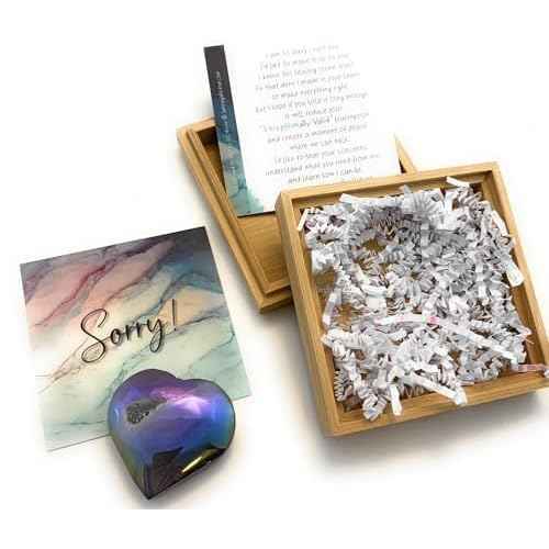 Smiling Wisdom - NEW - Sorry Mini Apology Greeting Card and Matching Palm Heart Keepsake Gift Set - Electroplated Geode Heart