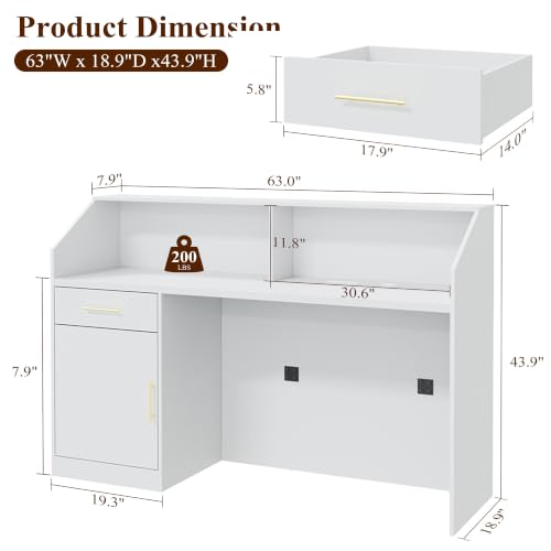 63in Modern Reception Desk with Built-in Power Station - Front Counter Table