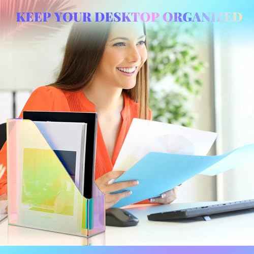 2 Pcs Iridescent Vertical Magazine File Holder Acrylic Magazine Holder Storage Organizer Plastic Clear Acrylic Rack for Office Classroom Home Document Paper Book Collection