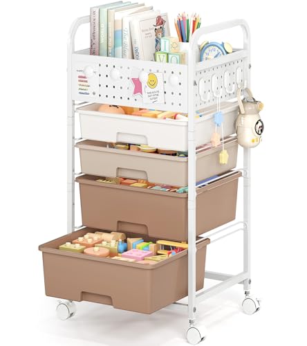 SYKIARIOL 4-Drawer Rolling Storage Cart with Pegboard Top, Brown