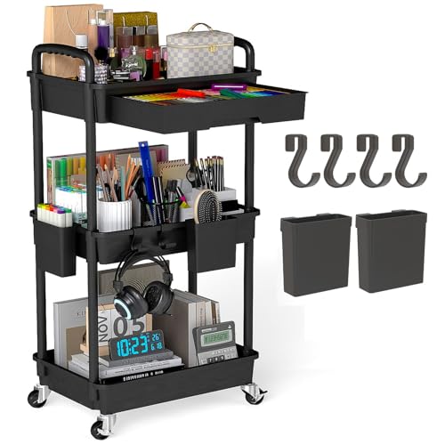 3 Tier Rolling Utility Cart with Drawer, Plastic Storage Organizer Rolling Carts with Wheels Handles Hanging Cups Hooks for Office, Bathroom, Kitchen,Craft Art Room (Black)