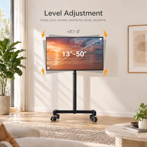 Perlegear Black Rolling TV Stand for 13-50 Inch TVs, 30° Tilt & Adjustable Height