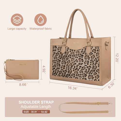 MOSISO Laptop Tote Bag with Large Capacity, 15.6 inch PU Leather Leopard Grain Laptop Bag for Women & Clutch Purse, Waterproof Computer Bags Work Briefcase for Business Teacher Office College, Apricot