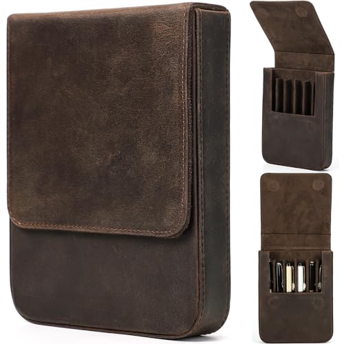 Top Grain Genuine Leather 6 Pen/Pencil Tray Case Organizer, Minimalist Vintage Design, Handmade, Magnetic Closure with Drawer Design, Gift Choice for Man/Woman/Office, Matte Coffee, 6 Slots