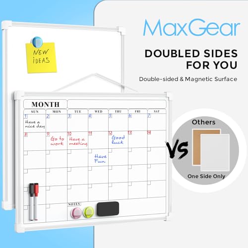 MaxGear Monthly Calendar Dry Erase Board for Wall, 16"x12" Small Hanging Double-Sided White Board, Portable Whiteboard for Planning, Drawing, Memo, to Do List, School, Home, Kitchen, Office
