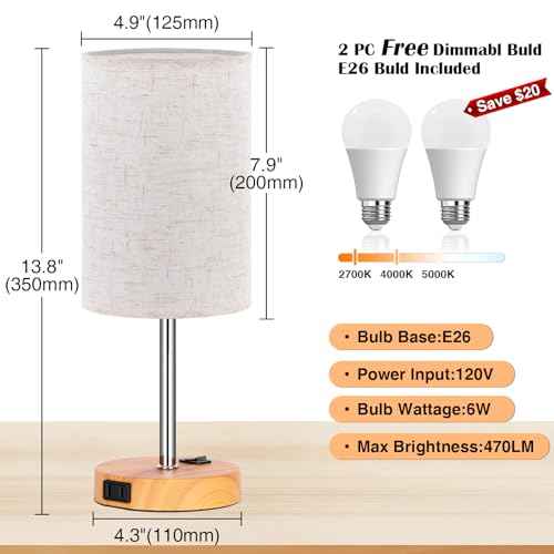 ZJOJO Table Lamp for Bedroom Set of 2, Bedside Small Lamps with 3 Way Dimmable Rocker Switch & AC Outlet, Nightstand Desk Lamp with Flaxen Fabric Shade Woodgrain Base for Living Room Home Decor Lights