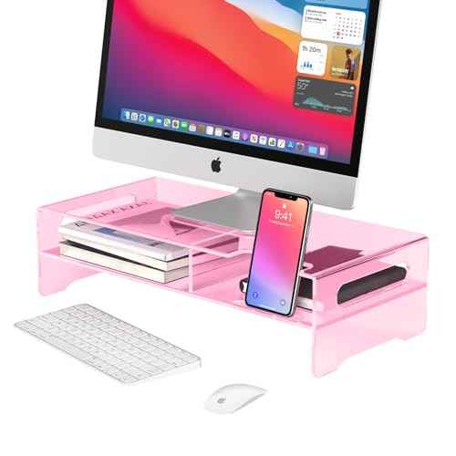 Pink Acrylic Monitor Stand Riser, 2-Tier computer stand with Storage, clear monitor stand for desk Suitable for laptops, printers, TV£¬desk organization With phone holder