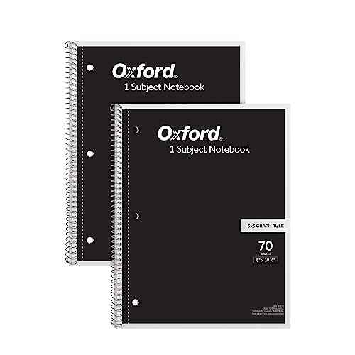 Oxford Spiral Notebook 2 Pack, 1 Subject School Pads, 3-Hole Punch, 5 x 5 Inch Graph Paper, 8-1/2 x 10-1/2 Inches, Black Covers, 70 Perforated Sheets (65214)