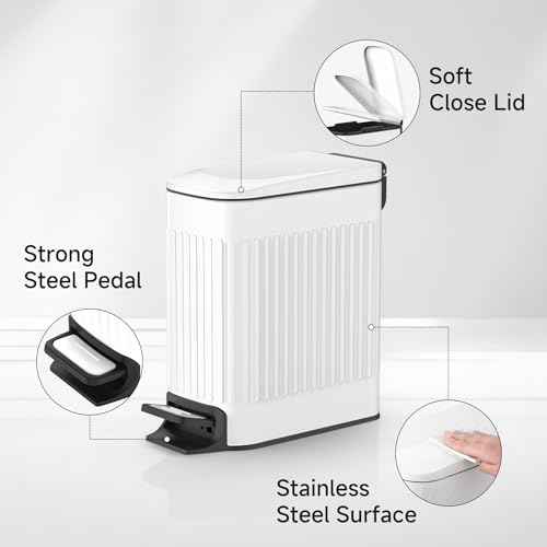 TIPGO Slim Bathroom Trash Can with Lid Soft Close, Step Pedal, 6 Liter / 1.6 Gallon Stainless Steel Trash Bin, Small Garbage Cans for Bedroom, Office, Kitchen (White)