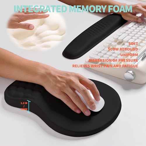 2-in-1 Ergonomic Set, Wave Rise Keyboard Wrist Rest and Massage Bulge Slope Mouse Pad Wrist Support, Cushion Memory Foam Integrated to Relieve Wrist Pain, Black