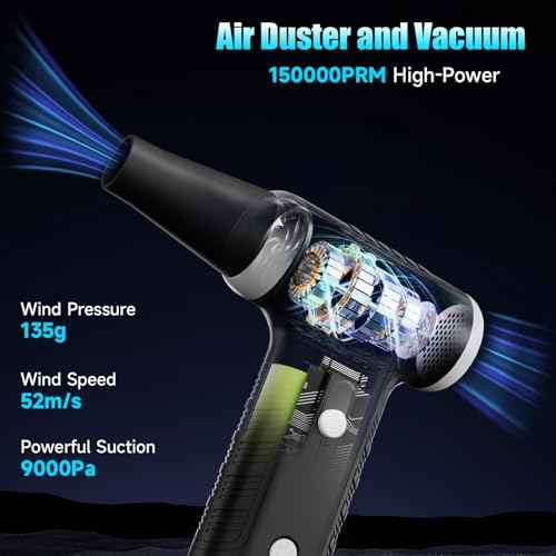 2 in 1 Compressed Air Duster, 150000 RPM Electric Air Duster, Electric Vacuum Cleaner with Brushless Motor, Stepless Speed Adjustable, Highspeed Jet Air Blower for Home, Car, Keyboard, Computer
