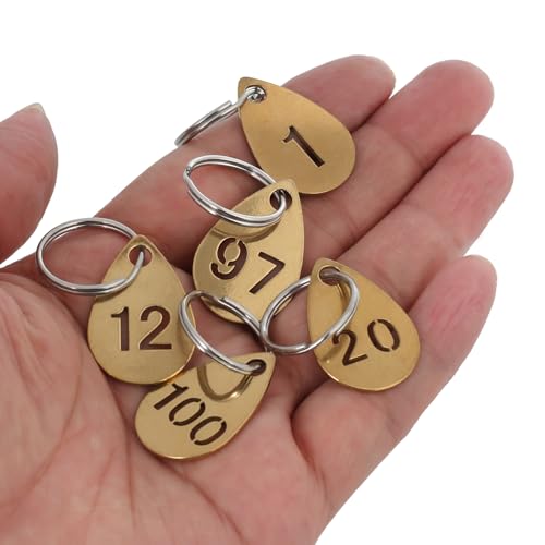 Key Tags with Numbers, Brass Droplet Shaped Key ID Tag, Metal Number Tags, Keychain Labels - 1 to 80