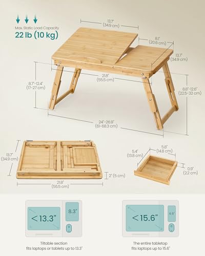 SONGMICS Light Bamboo Bed Laptop Desk, Adjustable Height & Tilt, 13.7"x21.8"