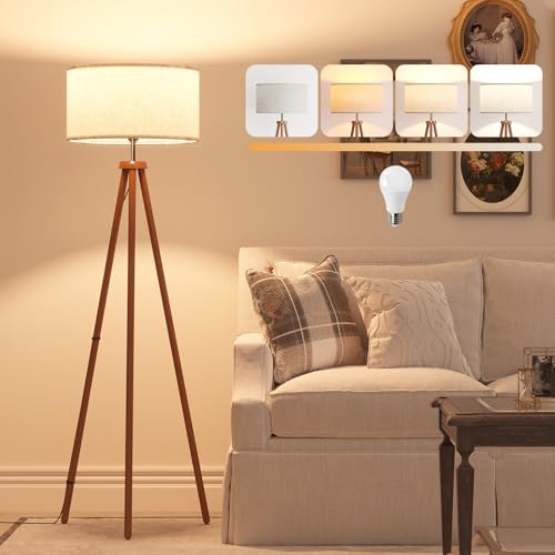 LiteHistory Wood Tripod Floor Lamps for Living Room, Bedroom, and Office,Standing lamp with Beige Linen Shade, 12W Three-Color Bulb Included, Pull Chain Switch, Tall lamp for Mothers Day Gifts, Brown