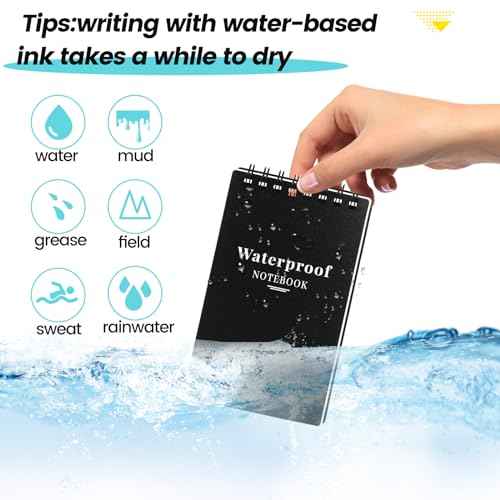 6 Pack Waterproof Notebook, 3x5 Pocket Notepad, Small Top Spiral Stone-Paper Notepad, Mini Pocket Notebook, Little Memo Note Pads for Outdoor, Office, School, Travel (Black)