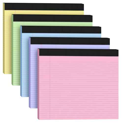 5 Pack Wide Legal Pads 11" x 9.5" Landscape Pink Purple Blue Green Yellow College Ruled Note Pad Narrow Ruled 30 Sheets per Notepad Perforated Writing Paper Thick Backboard Horizontal Pads of Paper