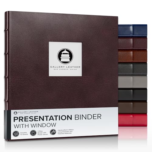 Gallery Leather 3 Ring Binder with Plastic Sleeves, Includes 10 Sheets, Sheet Size: 8.5" x 11" - Presentation Binder Rings with Window and Hubbed Spine, Thick: 0.75" Belfast Brown