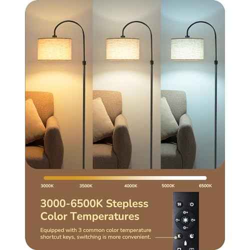 EDISHINE Dimmable Floor Lamp with Remote Control, Modern Arc Standing Lamp, 3000K-6500K Color Temperatures, Reading Light for Living Room Bedroom Office, Footswitch, LED Bulb Included, Black