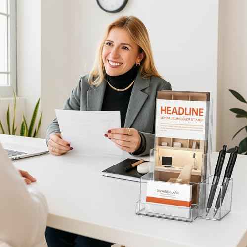 Acrylic 4-Tier Brochure Holder Pack of 2 with Free Business Card Holder 9" x 13" ? Wall Mount or Countertop Organizer for Magazines, Pamphlets, Flyers, and Menus holder with Divider for 4