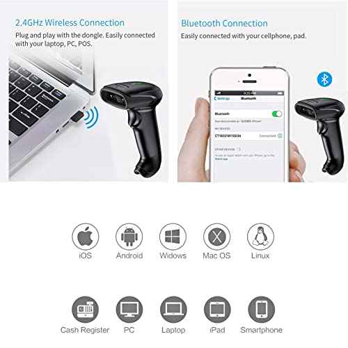 Symcode Bluetooth Barcode Scanner Handheld USB CCD Cordless Barcode Reader Scanner Compatible with 2.4G Wireless & Bluetooth Function & Wired Connection with Windows, Mac,Android, iOS