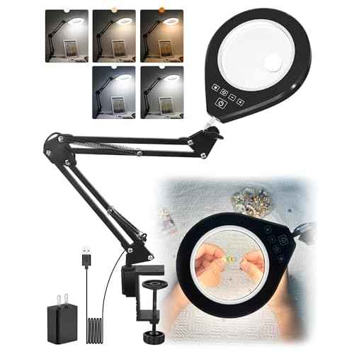 Lighted Magnifying Glass, 10X & 5X Magnifying Glass with Light, Dimmable Magnifier with Lamp, Adjustable 10 Level Brightness and 5 Color Desktop Clamp Magnifiers for Craft Painting Workbench (White)