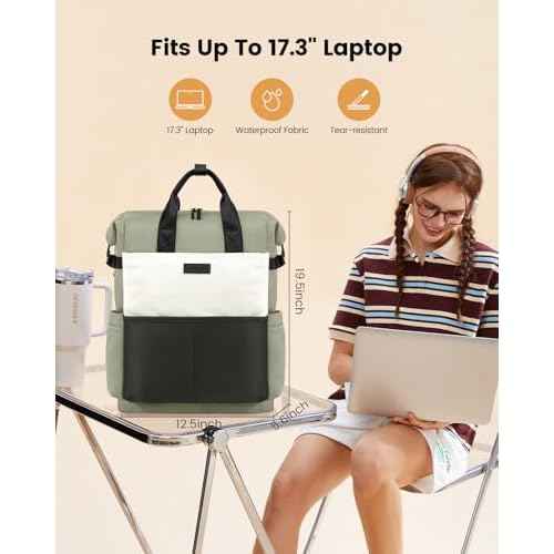 LOVEVOOK Laptop Backpack for Women, 17.3 Inch Work Travel Backpack Purse for School College Bookbag for Teen Girls Cute Computer Bag for Teacher Nurse Business, Green-Beige